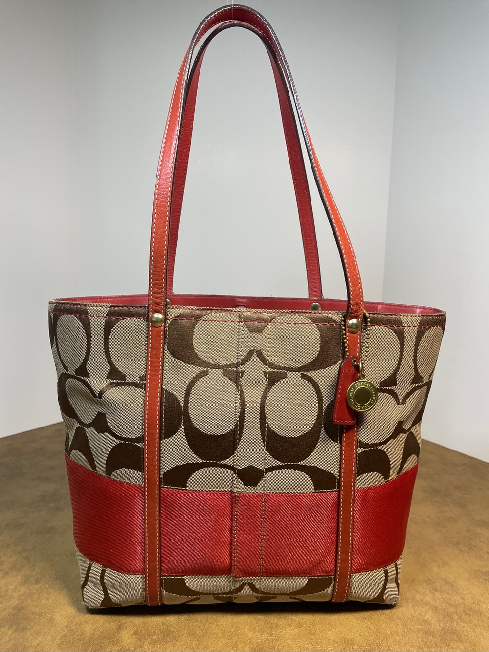 Coach 11098 Signature Stripe Tote Red Leather Khaki C Canvas Y2K 2007